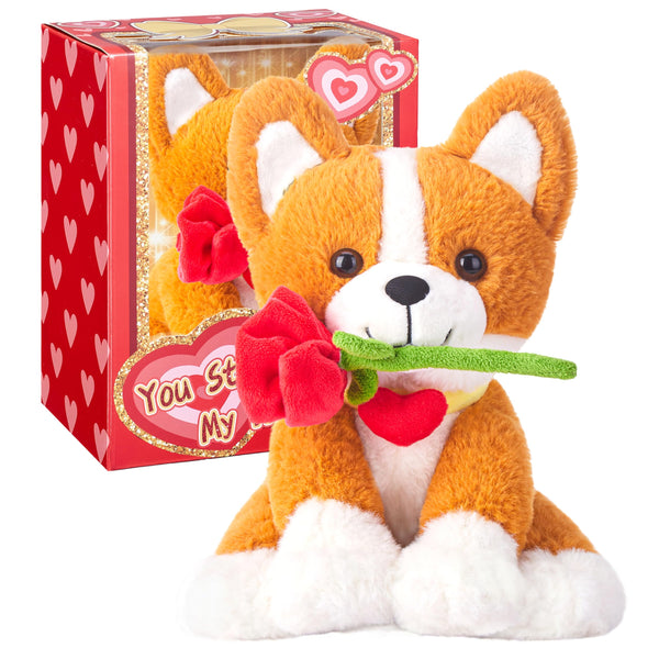 IKASA Corgi Dog Stuffed Animal Plush Toy with Rose Flower for Valentine,Cute Puppy 11