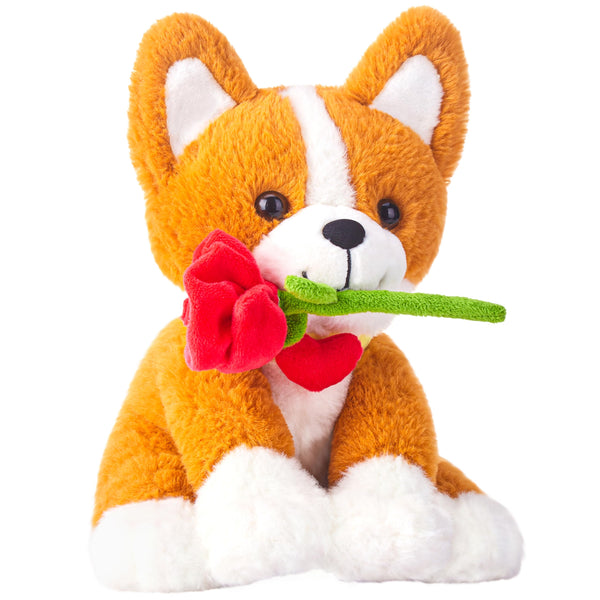 IKASA Corgi Dog Stuffed Animal Plush Toy with Rose Flower for Valentine,Cute Puppy 11