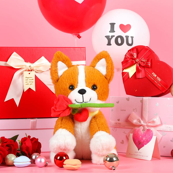 IKASA Corgi Dog Stuffed Animal Plush Toy with Rose Flower for Valentine,Cute Puppy 11