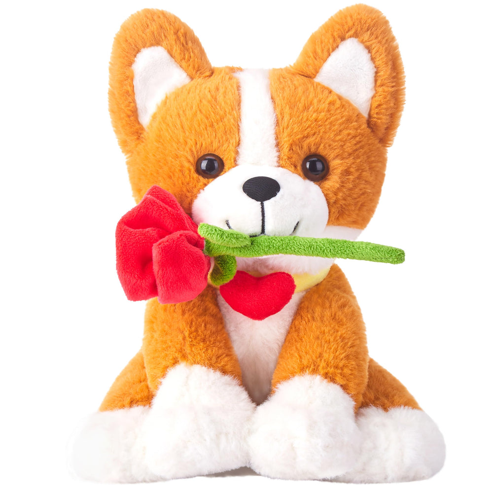 IKASA Corgi Dog Stuffed Animal Plush Toy with Rose Flower for Valentine,Cute Puppy 11" Soft Plushie,Gifts for Girlfriend
