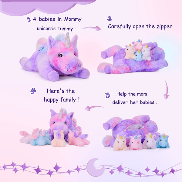 IKASA Mommy Unicorn Toys for Girls Age 4-6,Mom and Baby Stuffed Animal Plush Toy,Small Family Set Toy with Little Babies,Gifts for Kid (Unicorn,18