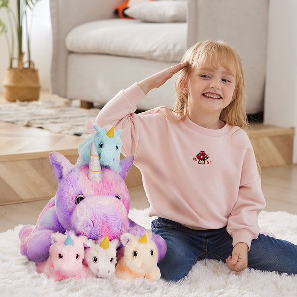 IKASA Mommy Unicorn Toys for Girls Age 4-6,Mom and Baby Stuffed Animal Plush Toy,Small Family Set Toy with Little Babies,Gifts for Kid (Unicorn,18